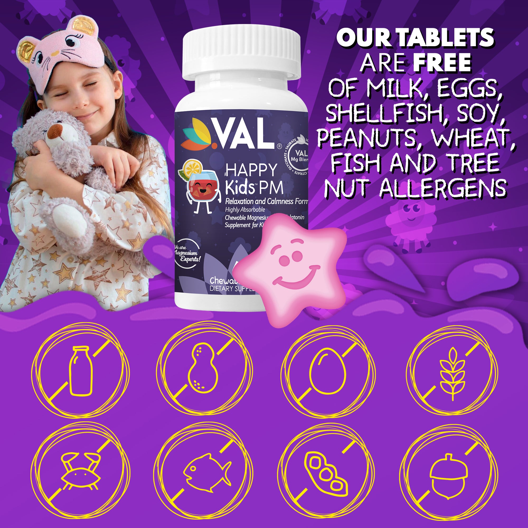 VAL Happy Kids Melatonin plus Magnesium Bedtime Routine Supplement - 60 Chew Tabs