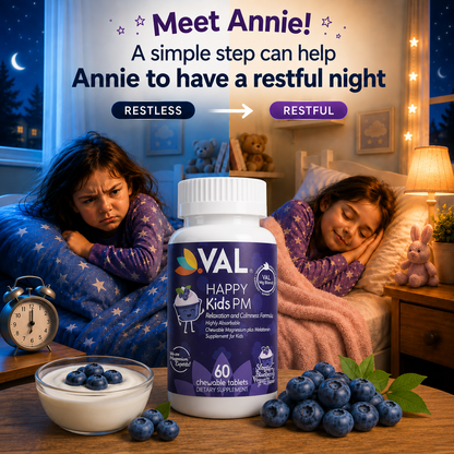 Peaceful Sleep & Bedtime Calm Sugar-Free Chewable – Magnesium + Melatonin, Vitamin B6 & C | 60 Tablets | VAL Happy Kids | Blueberry Yogurt