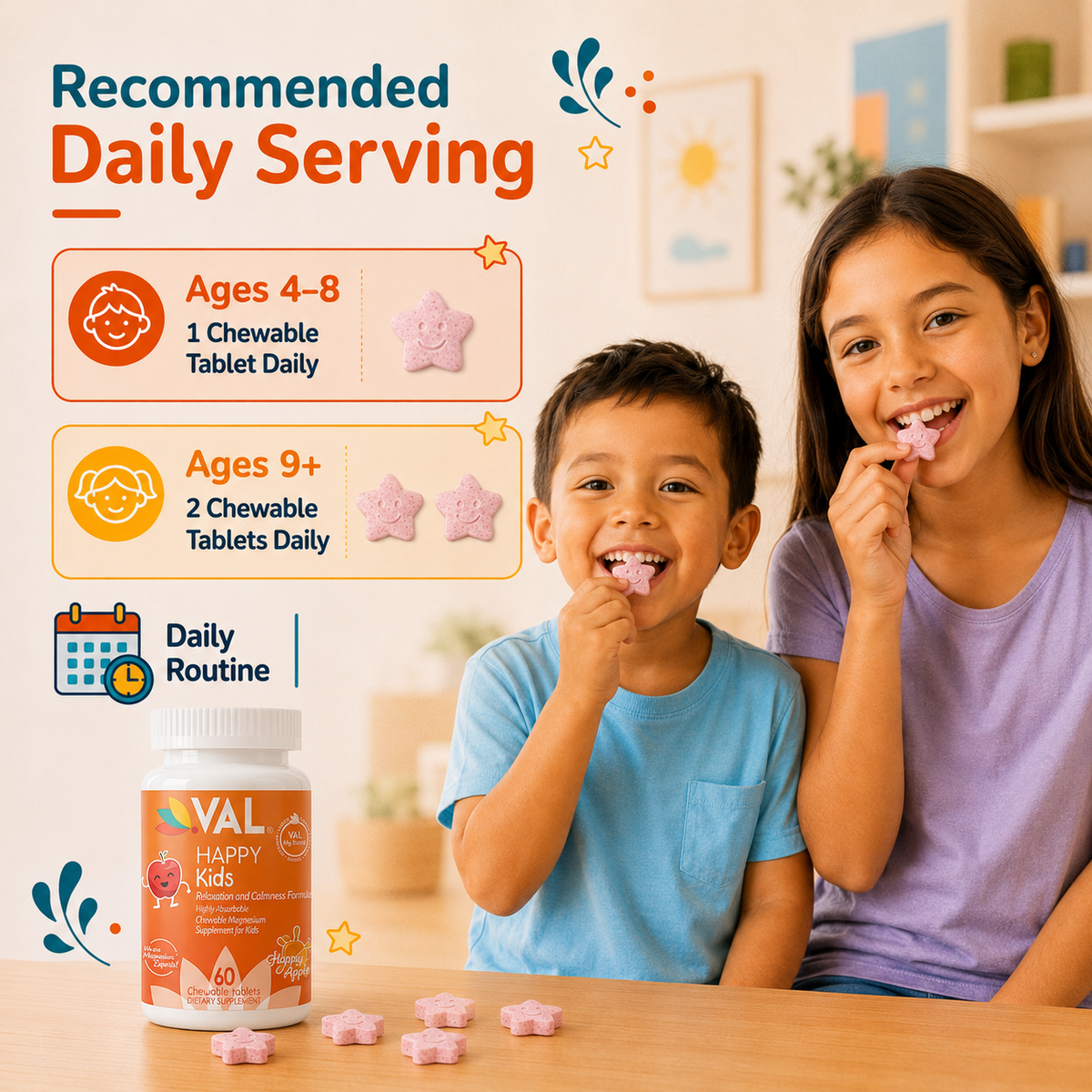 Calm, Focus & Relaxation Sugar-Free Chewable Magnesium for Kids | 60 Tablets | VAL Happy Kids | Apple