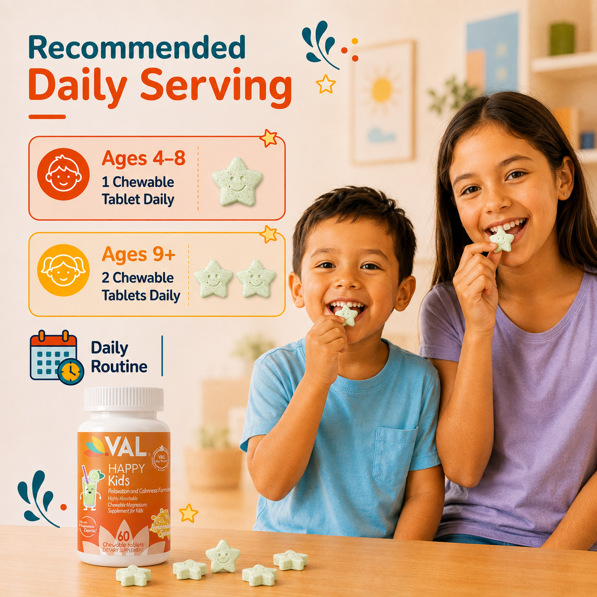 Calm, Focus & Relaxation Sugar-Free Chewable Magnesium for Kids | 60 Tablets | VAL Happy Kids | Lemonade
