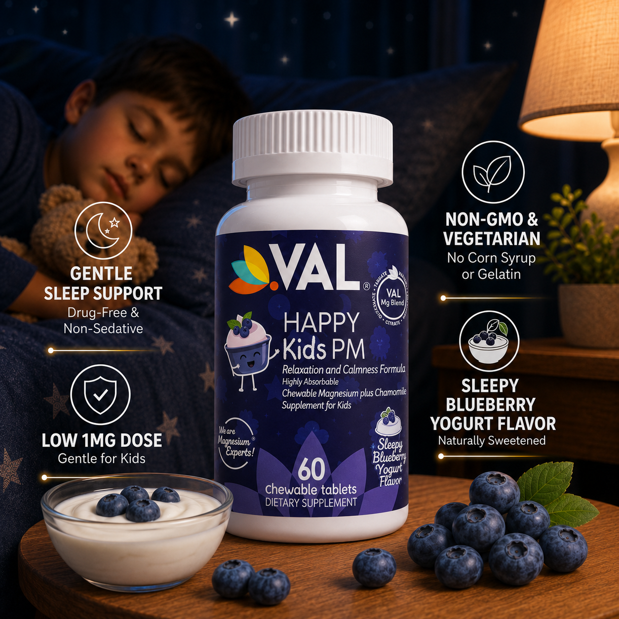 Peaceful Sleep & Bedtime Calm Sugar-Free Chewable – Magnesium + Melatonin, Vitamin B6 & C | 60 Tablets | VAL Happy Kids | Blueberry Yogurt