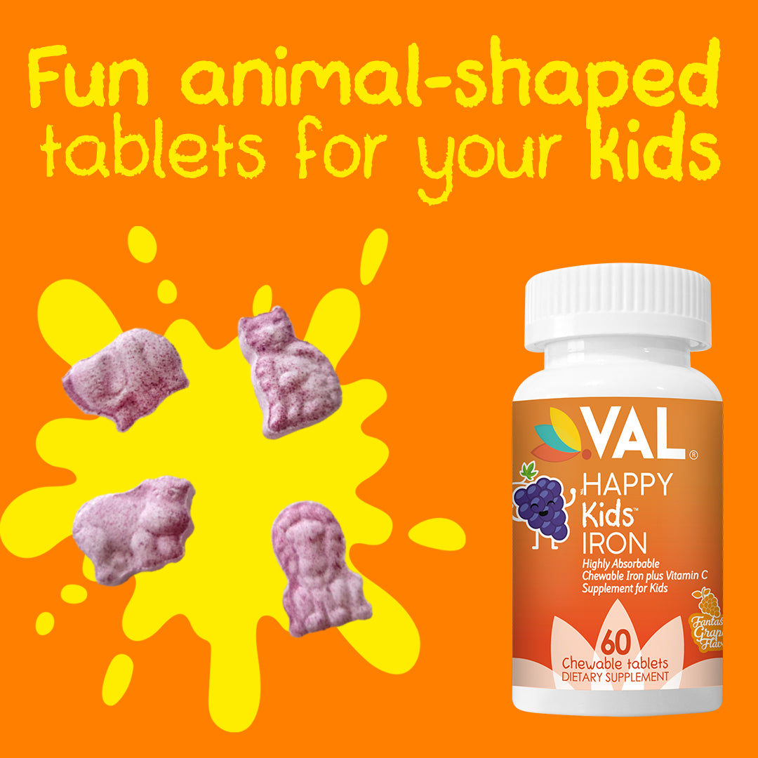 VAL Happy Kids Iron Supplement for Kids, Sugar Free, Fantastic Grape Flavor, Fun-Shaped - 60 Chewable Tablets