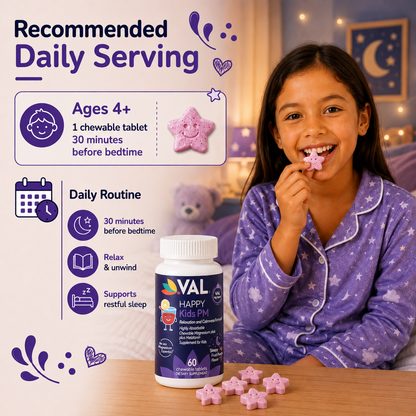 Peaceful Sleep & Bedtime Calm Sugar-Free Chewable – Magnesium + Melatonin, Vitamin B6 & C | 60 Tablets | VAL Happy Kids | Fruit Punch