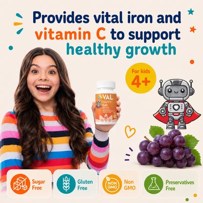 Iron Healthy Energy & Support Chewable for Kids – Sugar-Free | 60 Fun-Shaped Tablets | VAL Happy Kids