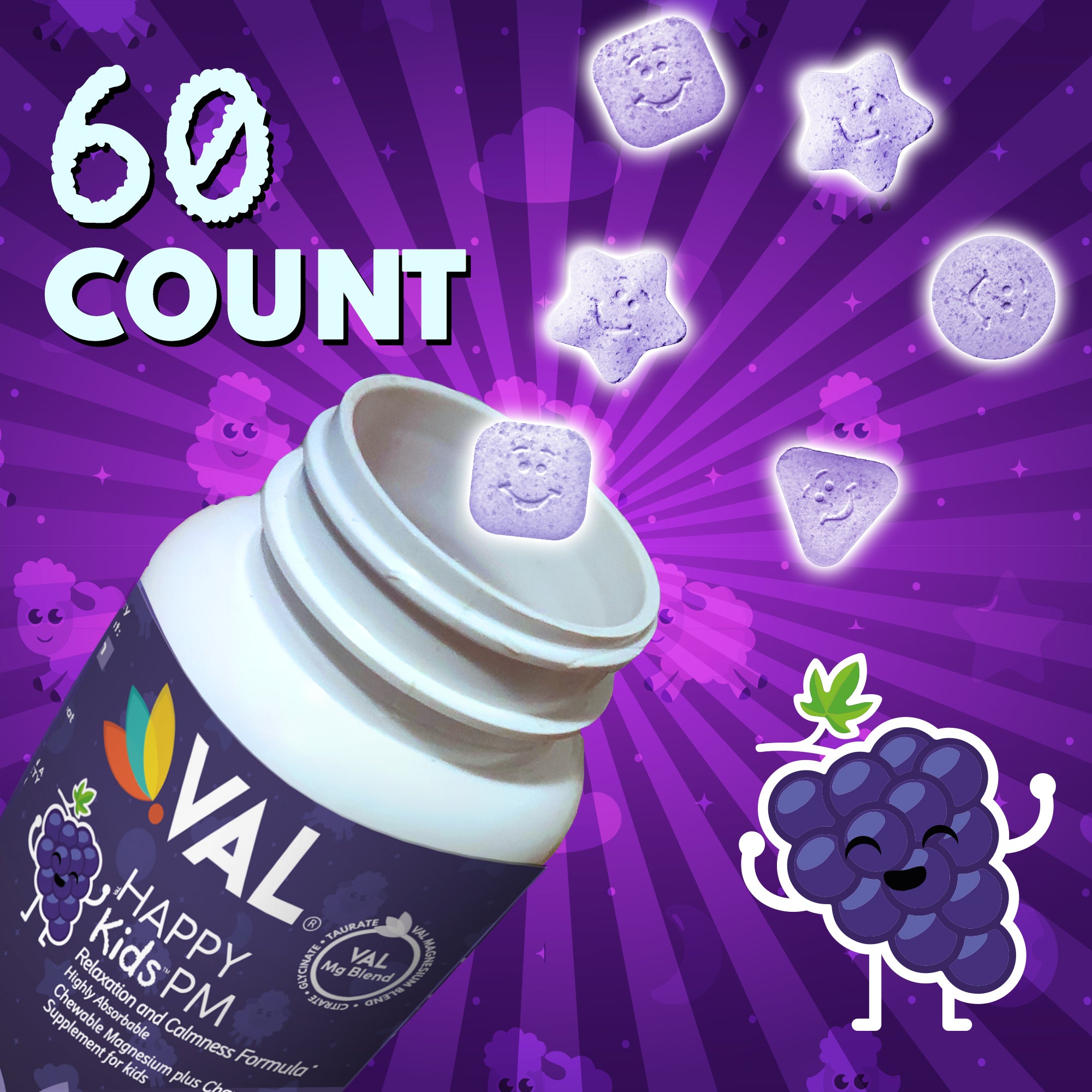 VAL Happy Kids Sleepy Grape PM Chewable: Magnesium, Chamomile, Bedtime Routine Supplement - 60 Chew Tabs60 Sugar-Free Tabs