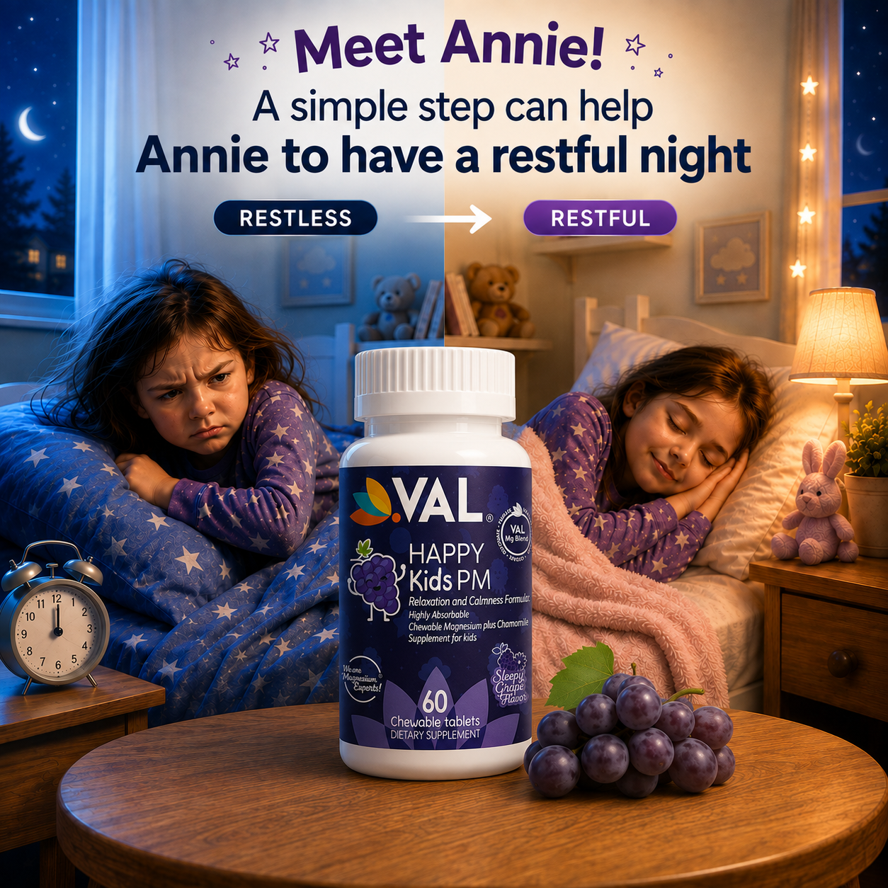 Peaceful Sleep & Bedtime Calm Sugar-Free Chewable – Magnesium + Chamomile | 60 Tablets | VAL Happy Kids