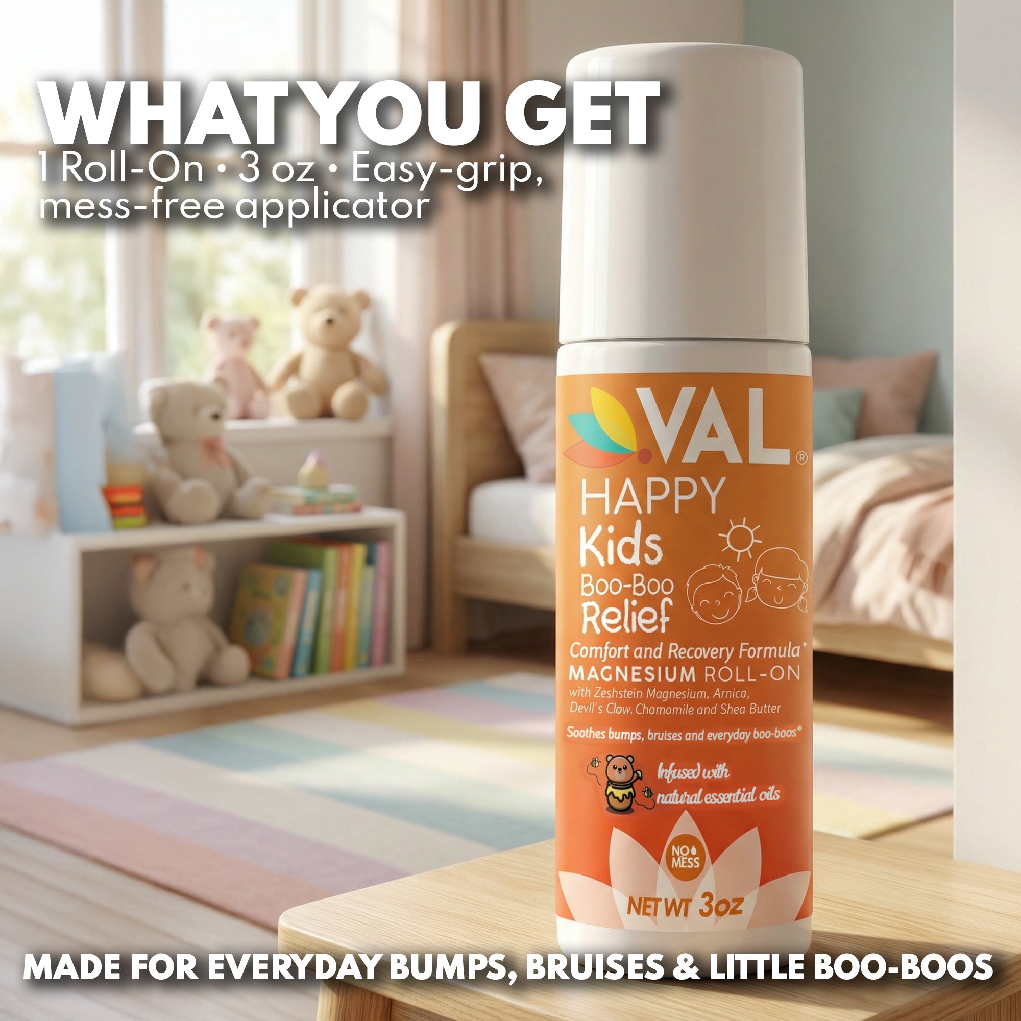 VAL Happy Kids Boo-Boo Relief Magnesium Roll-On for Kids, Zechstein® Magnesium with Arnica & Chamomile, Soothing Comfort Formula, Topical Roll-On, 3 oz