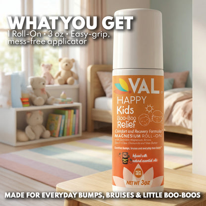 VAL Happy Kids Boo-Boo Relief Magnesium Roll-On for Kids, Zechstein® Magnesium with Arnica & Chamomile, Soothing Comfort Formula, Topical Roll-On, 3 oz