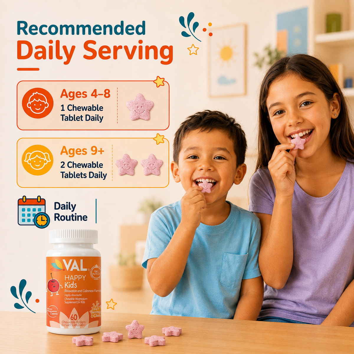 Calm, Focus & Relaxation Sugar-Free Chewable Magnesium for Kids | 60 Tablets | VAL Happy Kids | Yummy Cherry