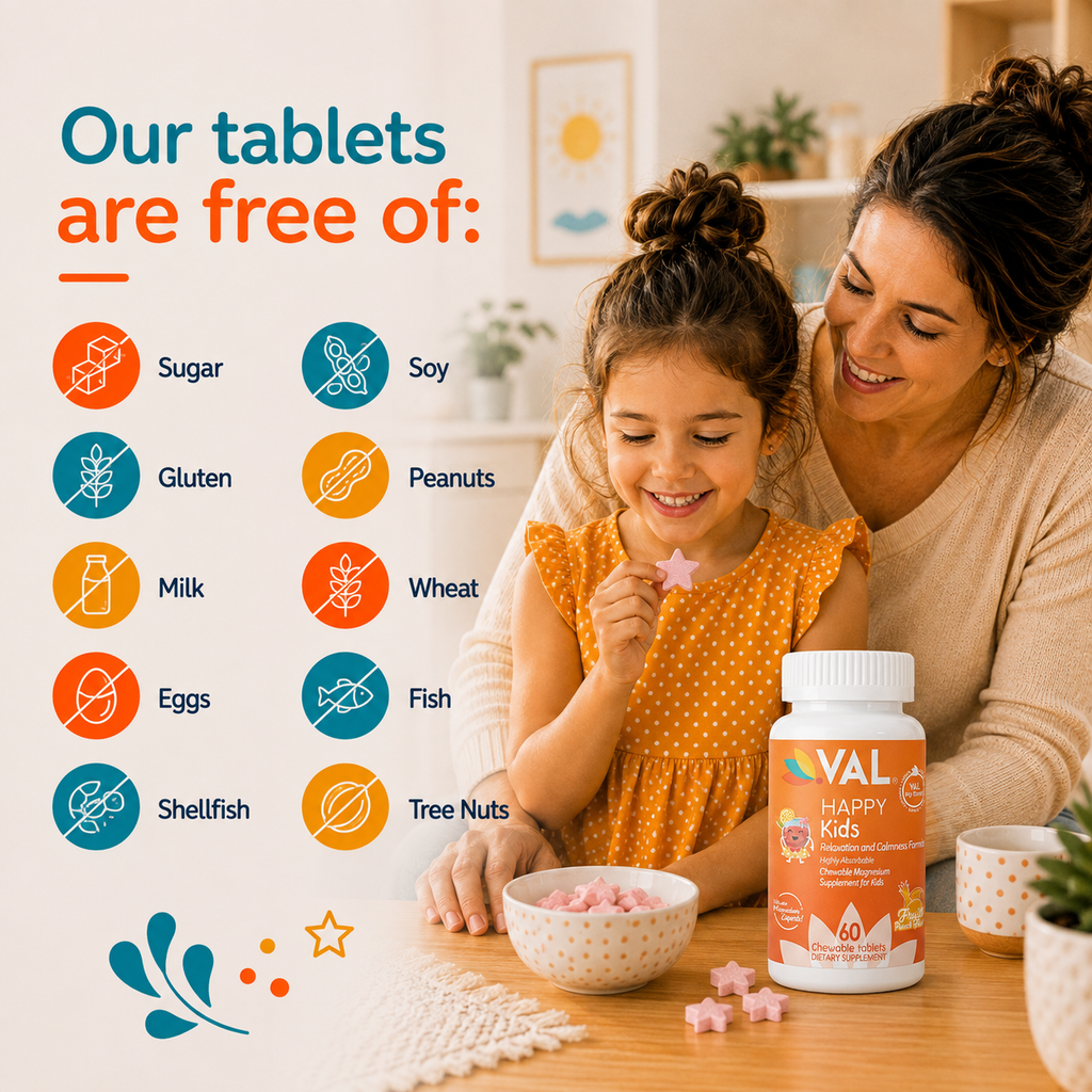 Calm, Focus & Relaxation Sugar-Free Chewable Magnesium for Kids | 60 Tablets | VAL Happy Kids | Fruit Punch