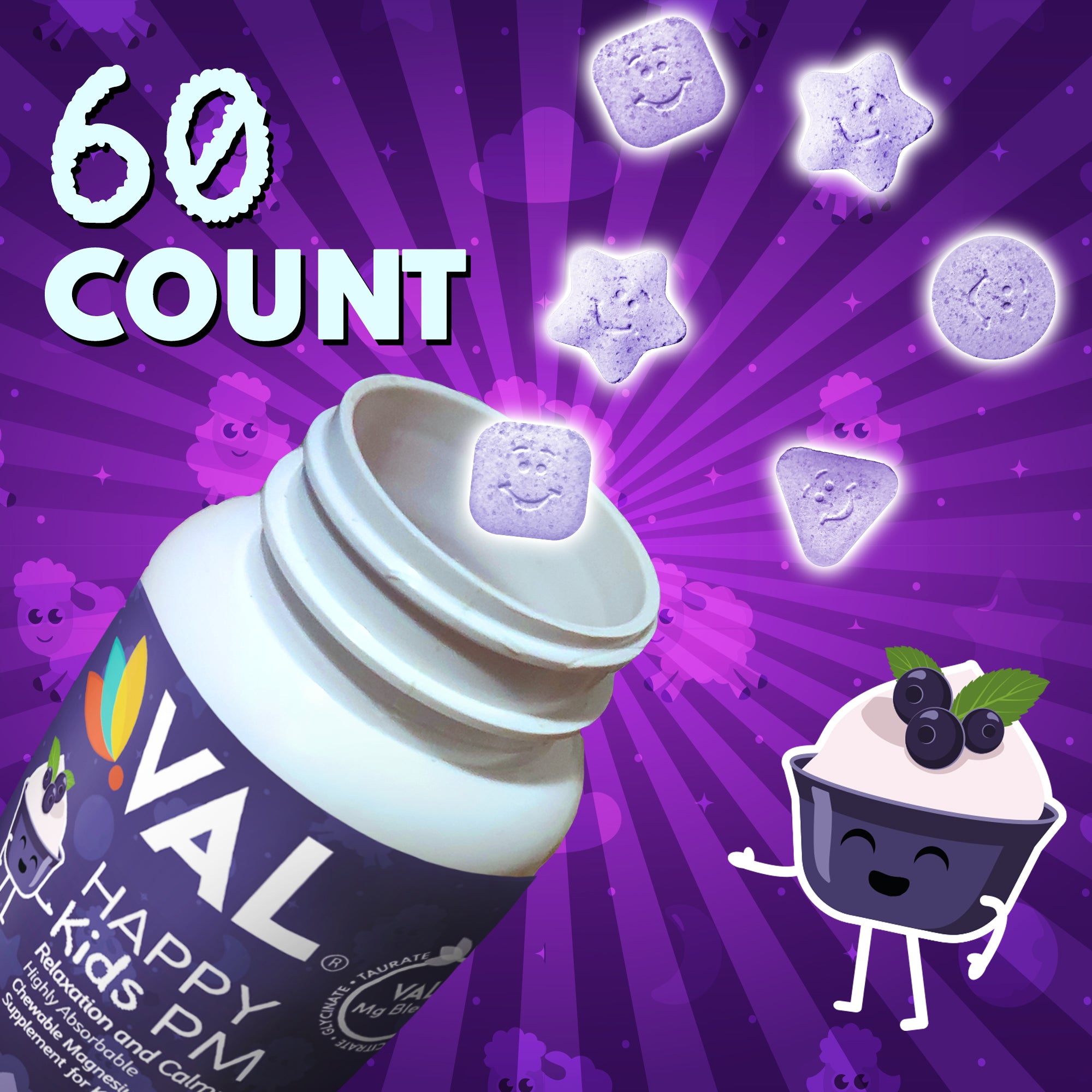 Peaceful Sleep & Bedtime Calm Sugar-Free Chewable – Magnesium + Melatonin, Vitamin B6 & C | 60 Tablets | VAL Happy Kids | Blueberry Yogurt