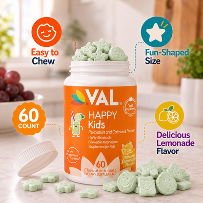 Calm, Focus & Relaxation Sugar-Free Chewable Magnesium for Kids | 60 Tablets | VAL Happy Kids | Lemonade