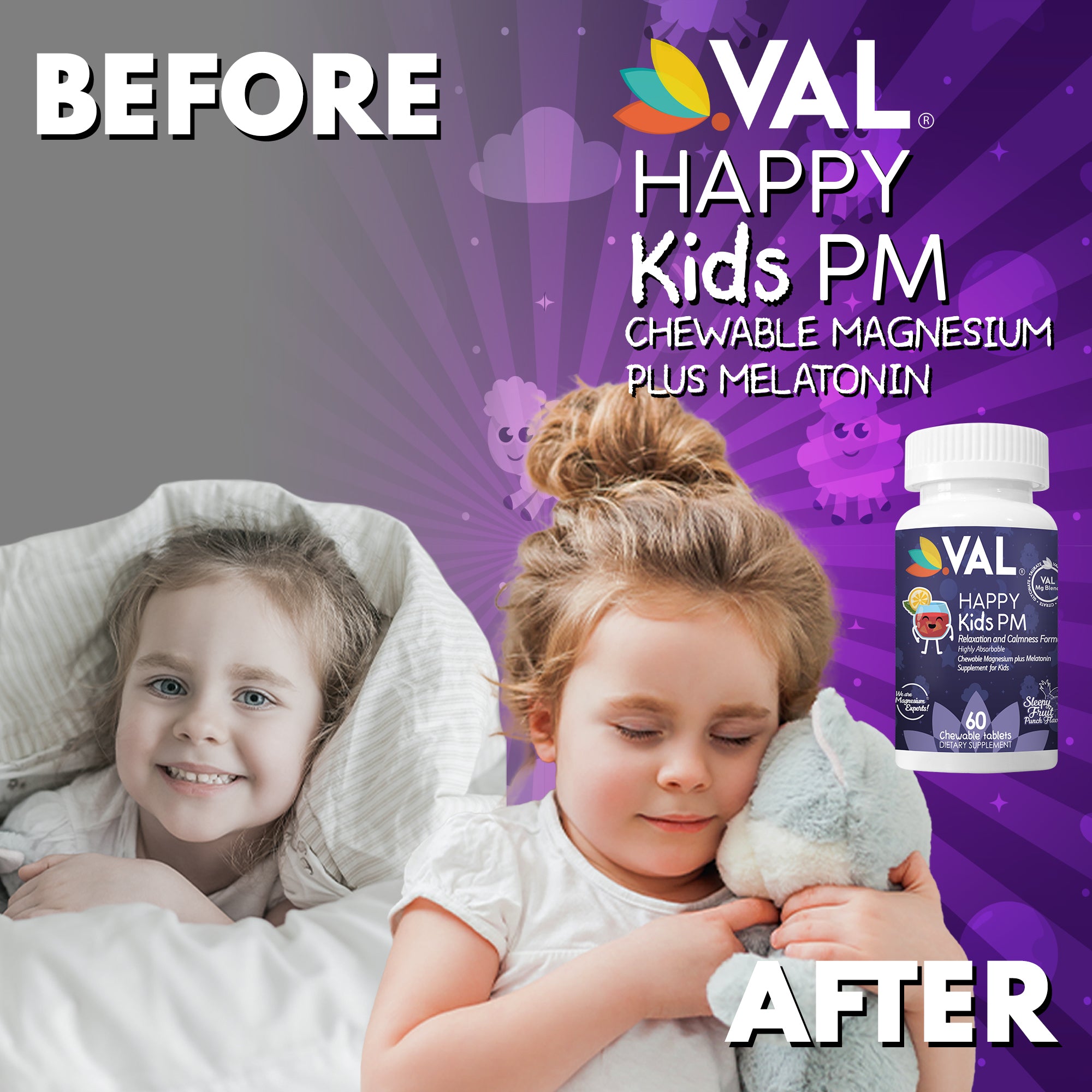 Peaceful Sleep & Bedtime Calm Sugar-Free Chewable – Magnesium + Melatonin, Vitamin B6 & C | 60 Tablets | VAL Happy Kids | Fruit Punch