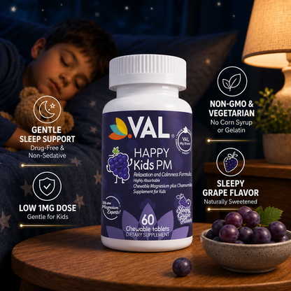 Peaceful Sleep & Bedtime Calm Sugar-Free Chewable – Magnesium + Chamomile | 60 Tablets | VAL Happy Kids