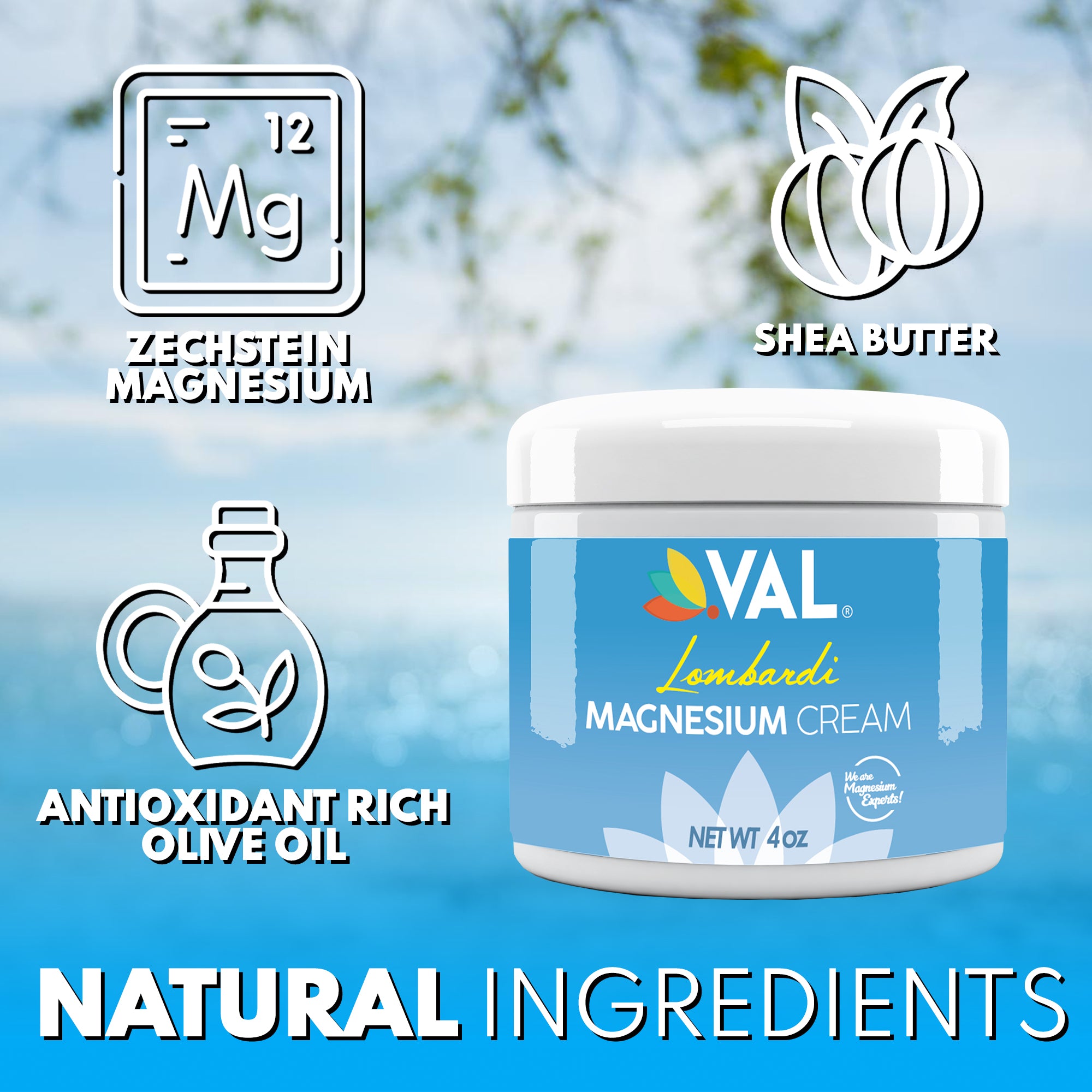 VAL Lombardi Transdermal Magnesium Cream - Natural Pain Relief with Moisturizing Organic Shea Butter - 4oz