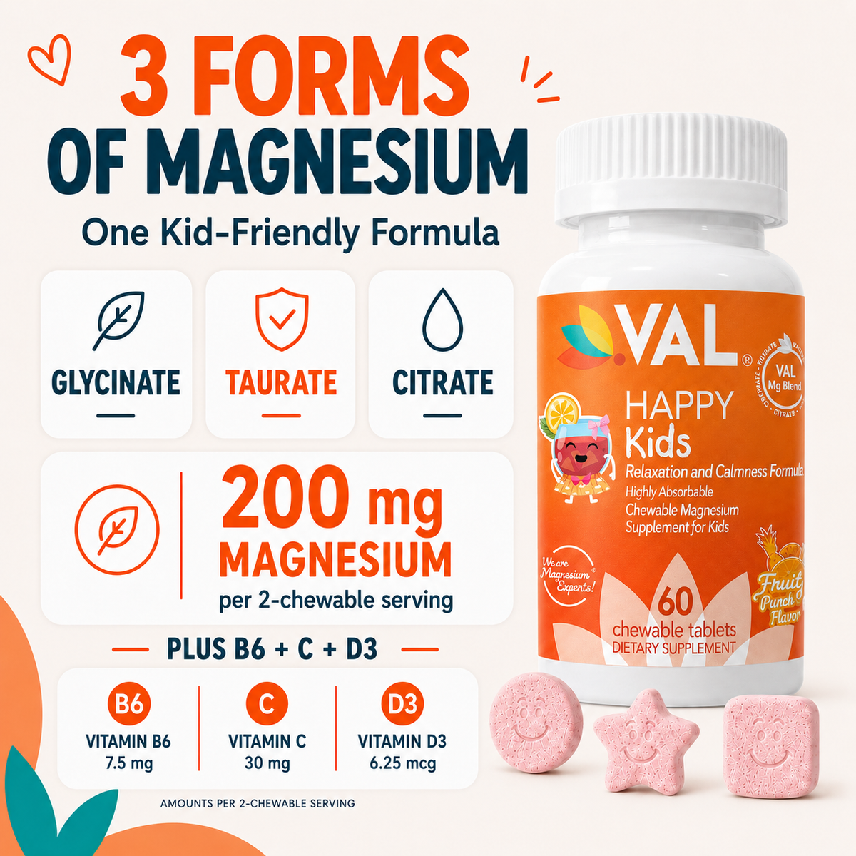 Calm, Focus & Relaxation Sugar-Free Chewable Magnesium for Kids | 60 Tablets | VAL Happy Kids | Fruit Punch