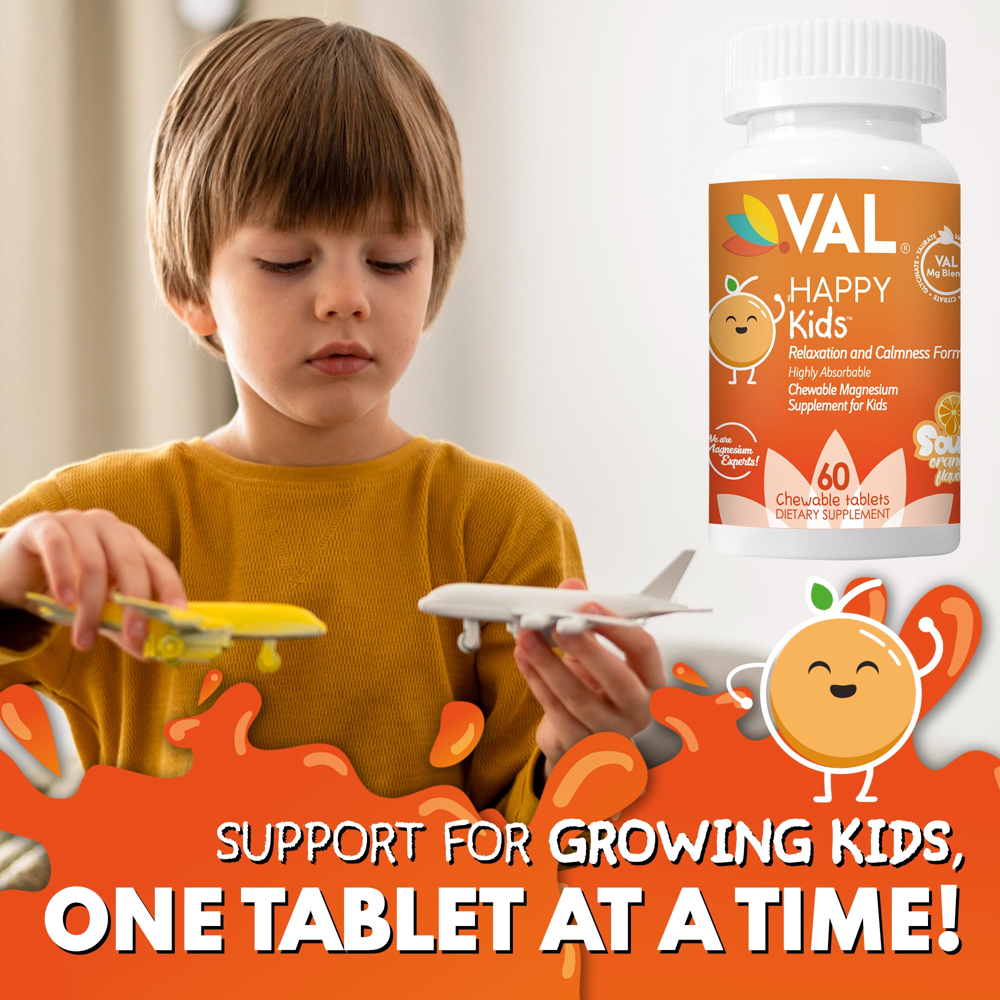 VAL Happy Kids Chewable Magnesium for Kids Relaxation and Calm Formula - 60 Chewable Tablets