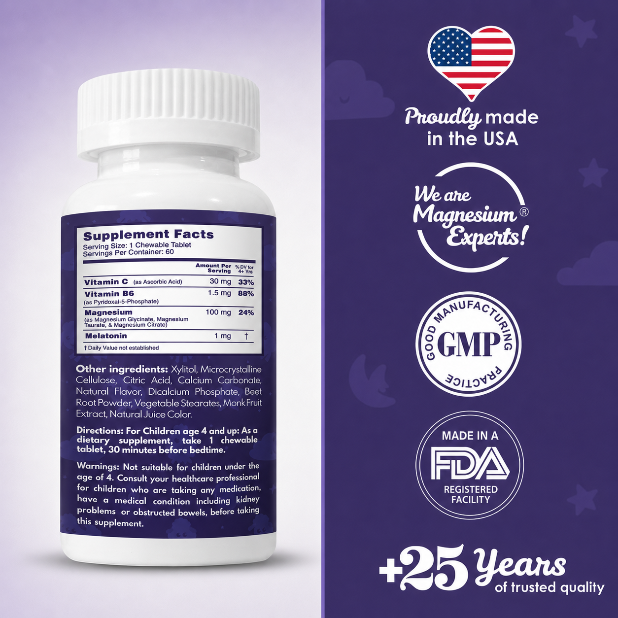 Peaceful Sleep & Bedtime Calm Sugar-Free Chewable – Magnesium + Melatonin, Vitamin B6 & C | 60 Tablets | VAL Happy Kids | Fruit Punch