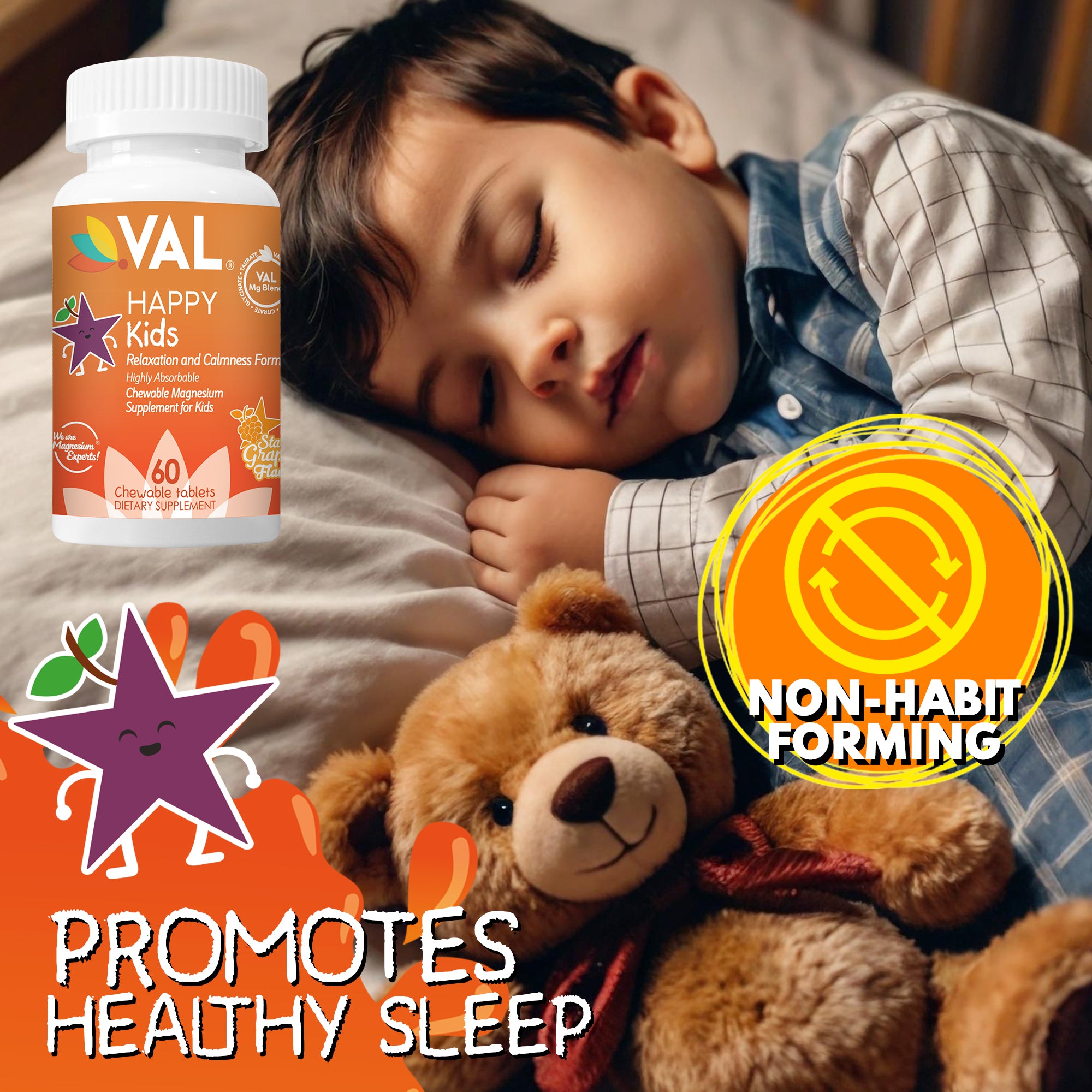 Calm, Focus & Relaxation Sugar-Free Chewable Magnesium for Kids | 60 Tablets | VAL Happy Kids | Star Grape
