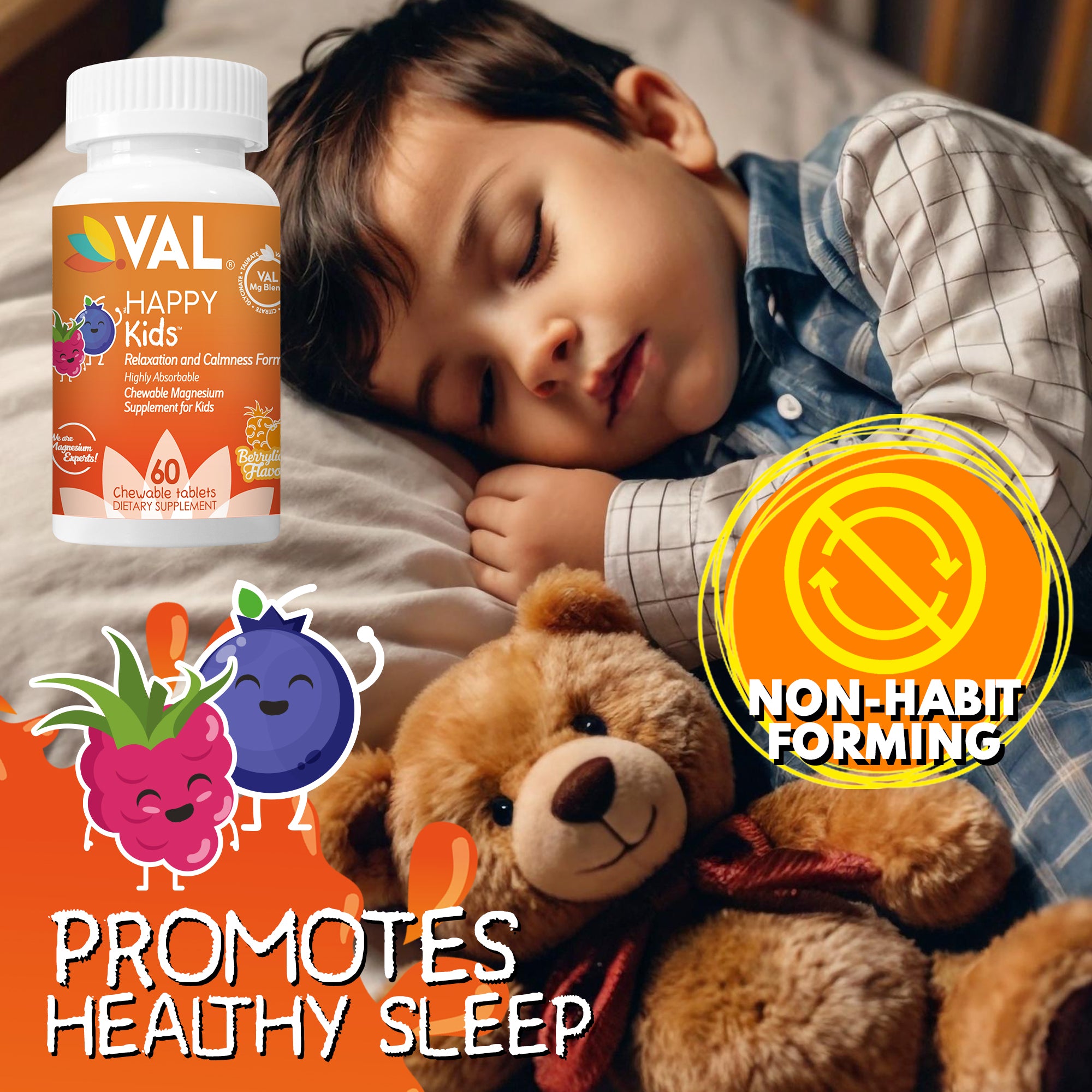 VAL Happy Kids Chewable Magnesium Supplement for Kids – Relaxation and Calm Formula | 60 Chewable Tablets