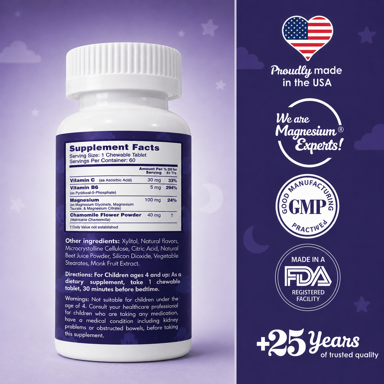 Peaceful Sleep & Bedtime Calm Sugar-Free Chewable – Magnesium + Chamomile | 60 Tablets | VAL Happy Kids