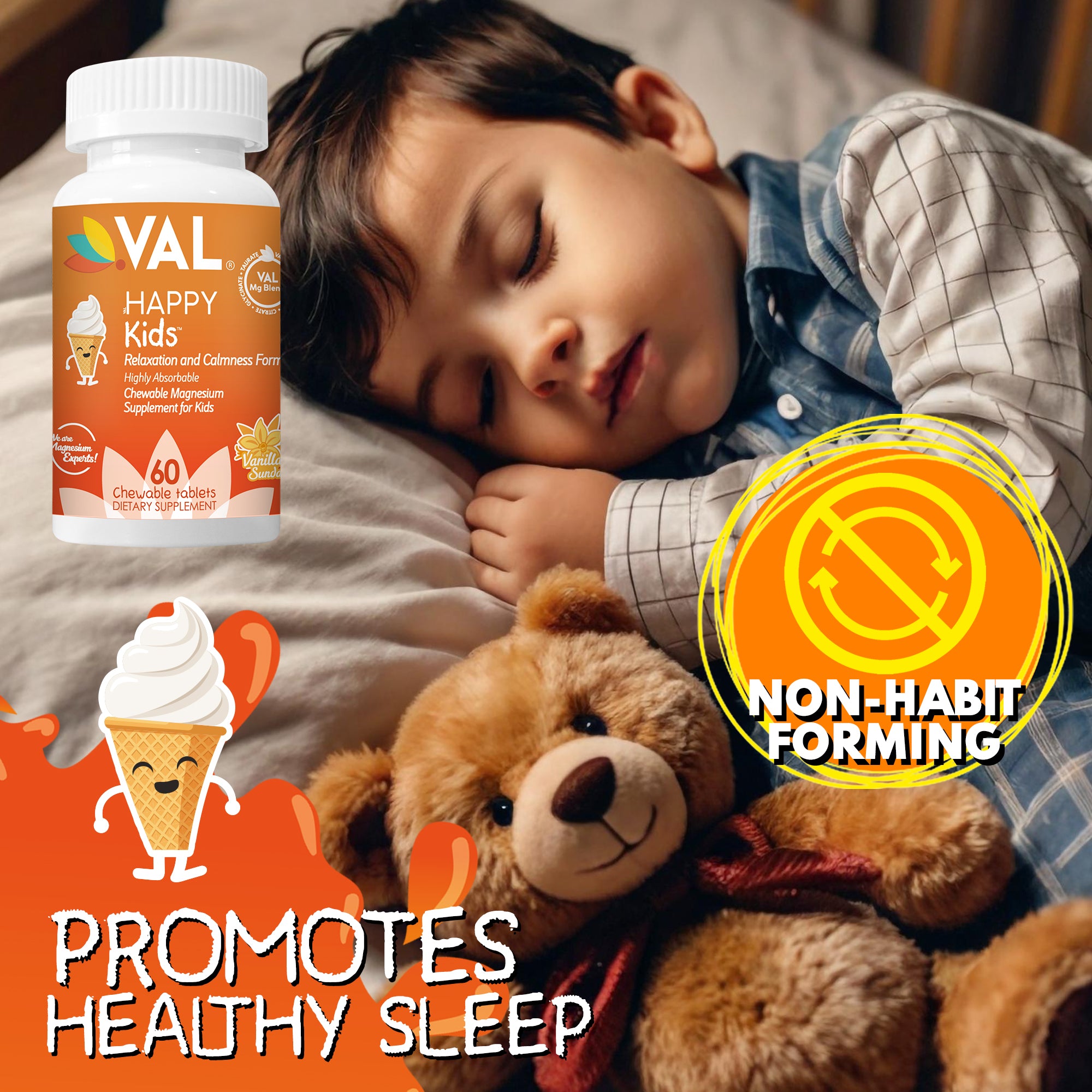 VAL Happy Kids Chewable Magnesium for Kids - Vanilla Sundae Flavor   Relaxation and Calm Formula - 60 Chewable Tablets