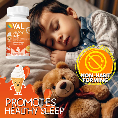 VAL Happy Kids Chewable Magnesium for Kids - Vanilla Sundae Flavor   Relaxation and Calm Formula - 60 Chewable Tablets