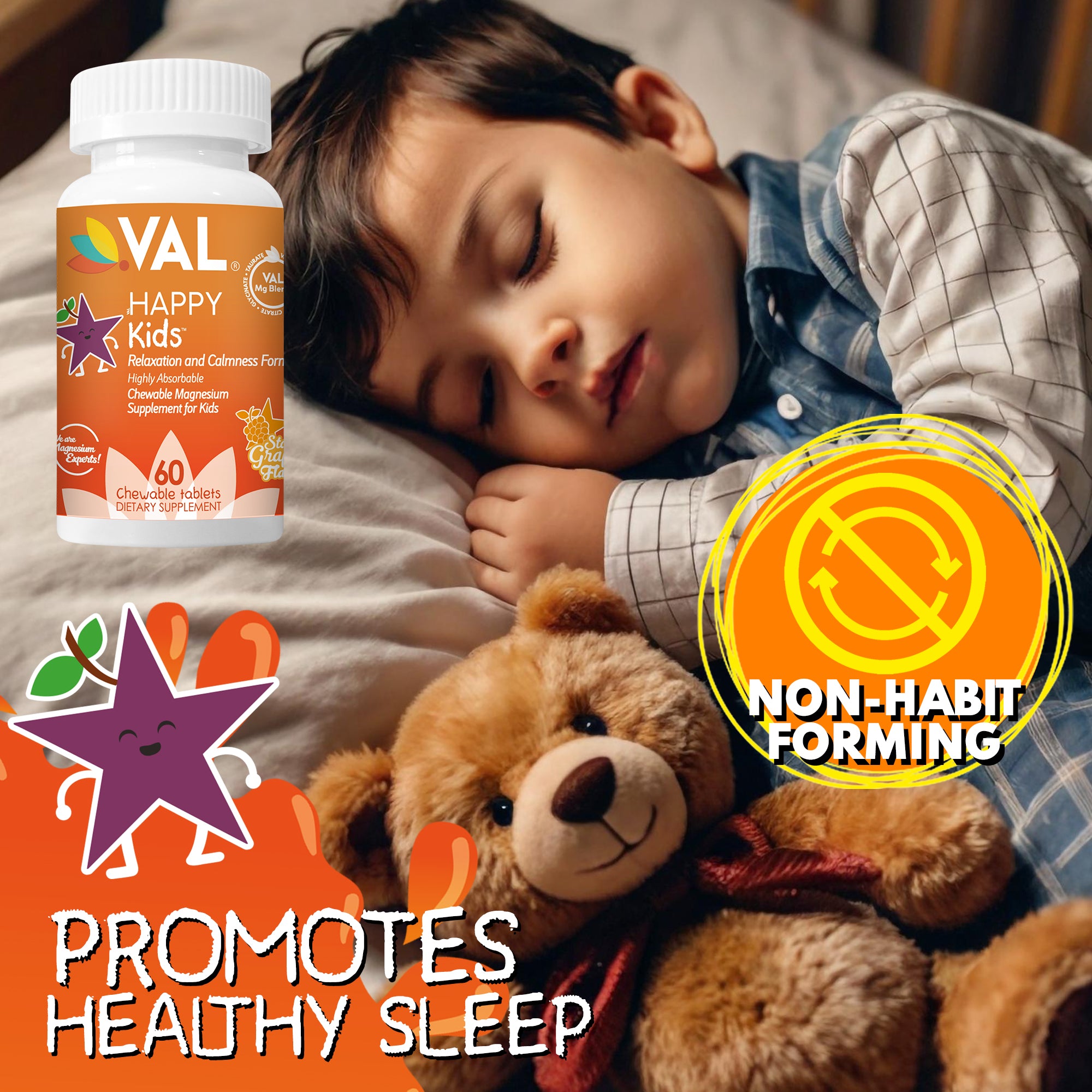 VAL Happy Kids Chewable Magnesium for Kids Relaxation and Calm Formula - 60 Chewable Tablets