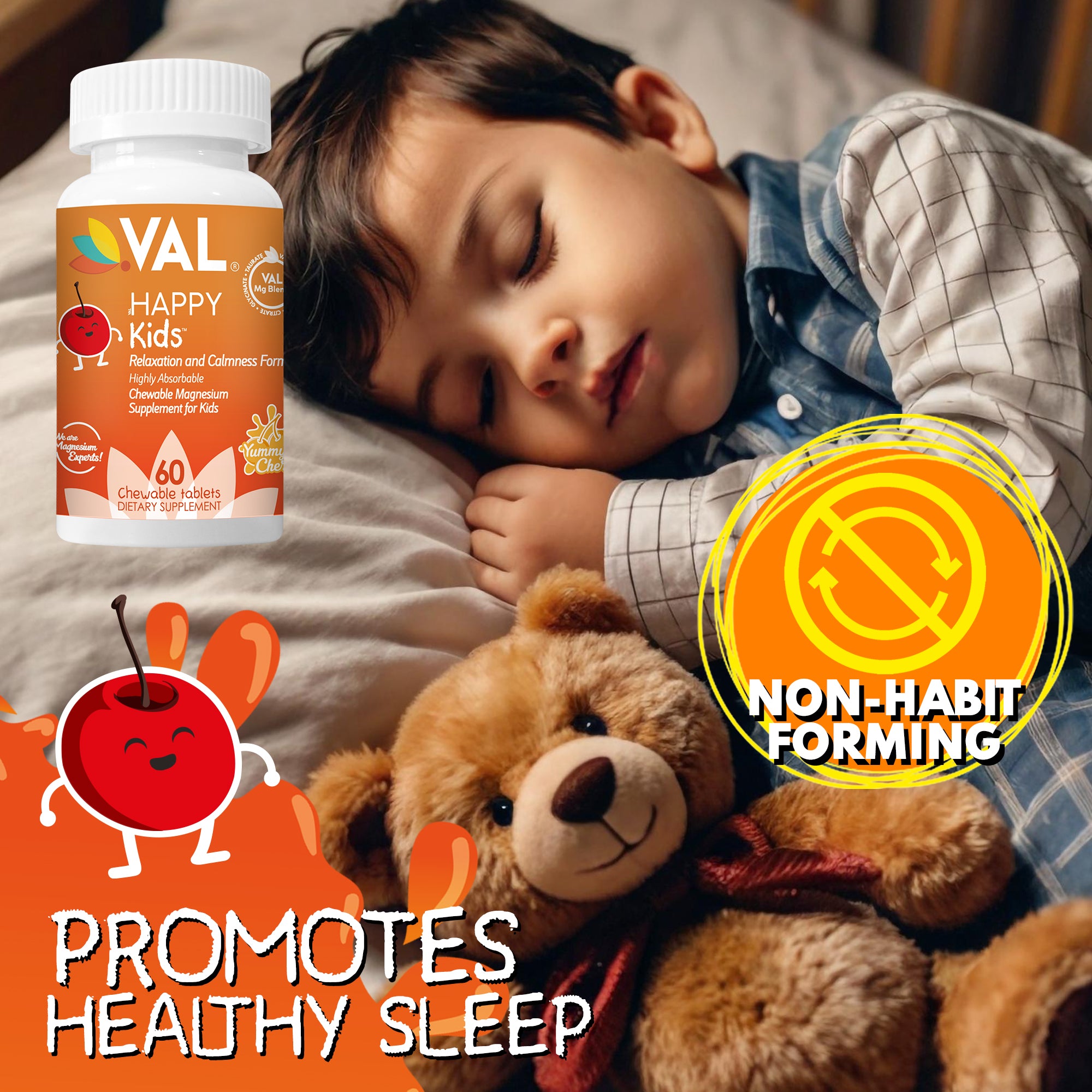 VAL Happy Kids Chewable Magnesium for Kids - Yummy Cherry Flavor   Relaxation and Calm Formula - 60 Chewable Tablets