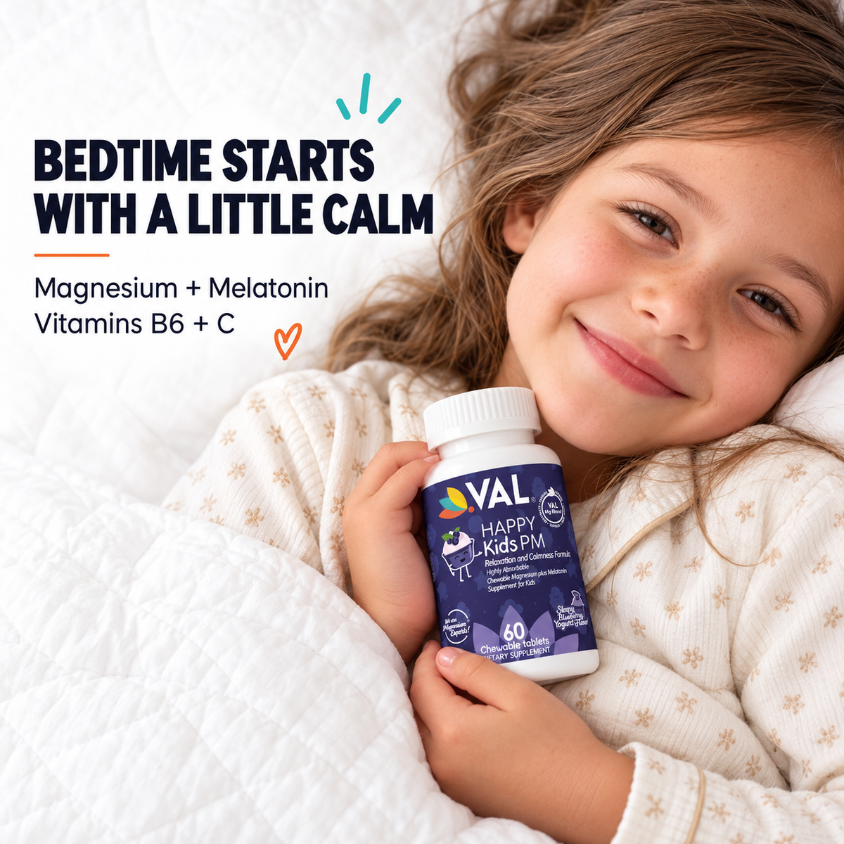 Peaceful Sleep & Bedtime Calm Sugar-Free Chewable – Magnesium + Melatonin, Vitamin B6 & C | 60 Tablets | Blueberry Yogurt