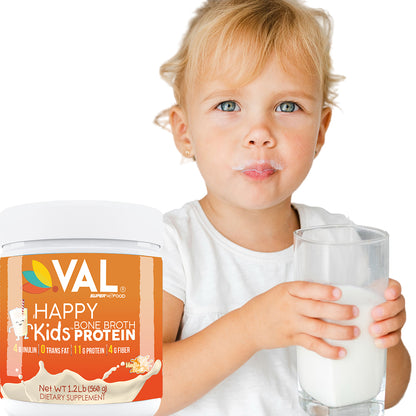 VAL Happy Kids VAL Bone Broth Powder Protein and Collagen Powerhouse: 11g of high-quality protein and 6g of collagen per serving. Enriched with 4g of inulin, Pea Protein, and MCT Oil, Supports Healthy Skin, Gut Health, Joint Supplement, 32 servings