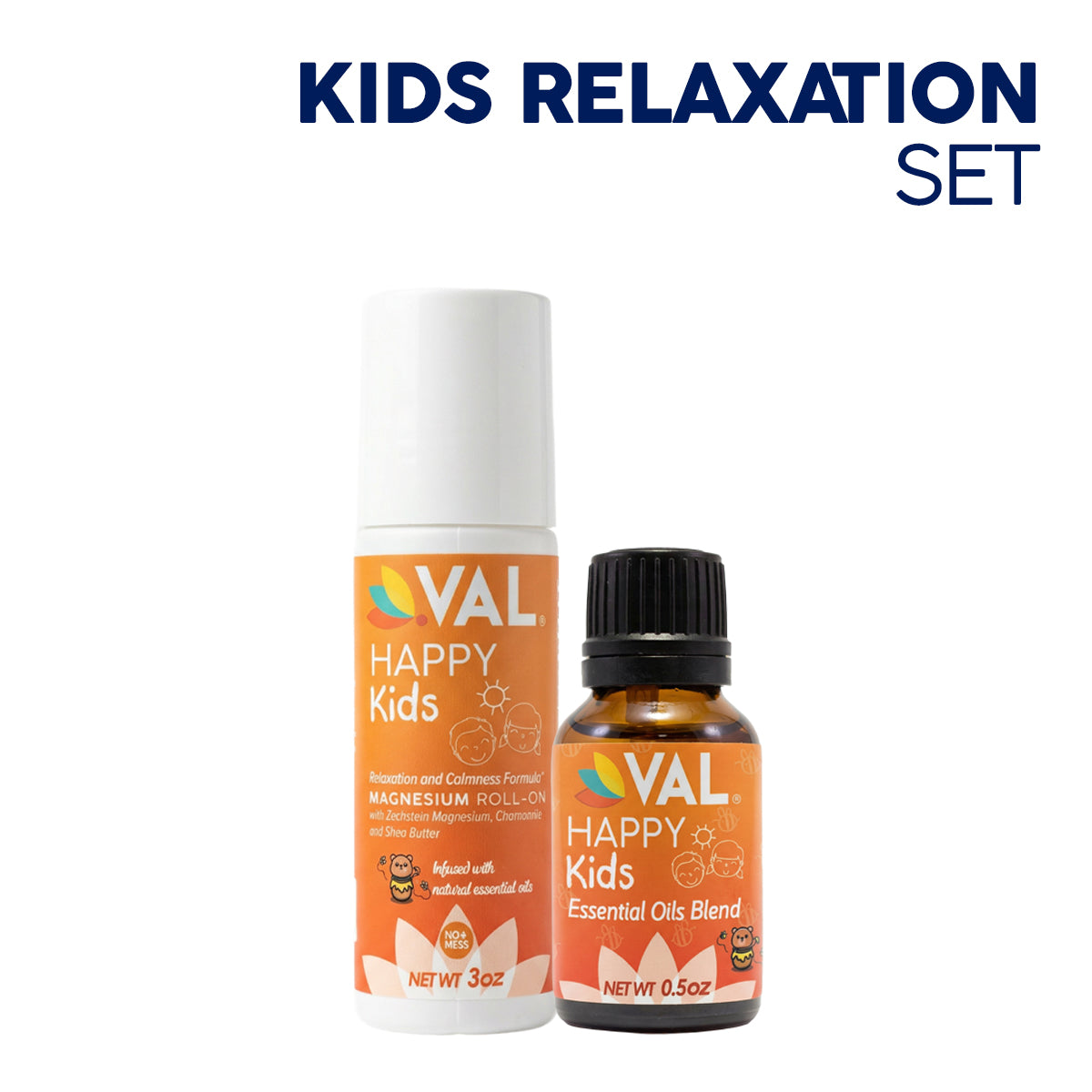 Kids Relaxation Set – Magnesium Roll-On & Calmness Essential Oil Blend | VAL Happy Kids