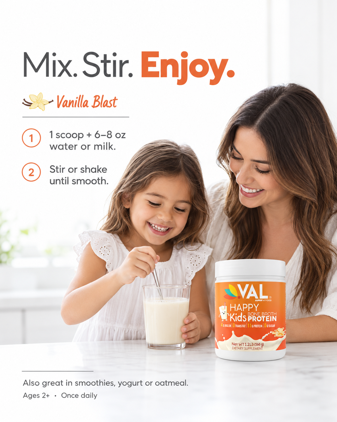 Strong Bones, Gut & Immune Support Bone Broth Protein Powder for Kids – 11g Protein, 6g Collagen | Natural Vanilla Flavour