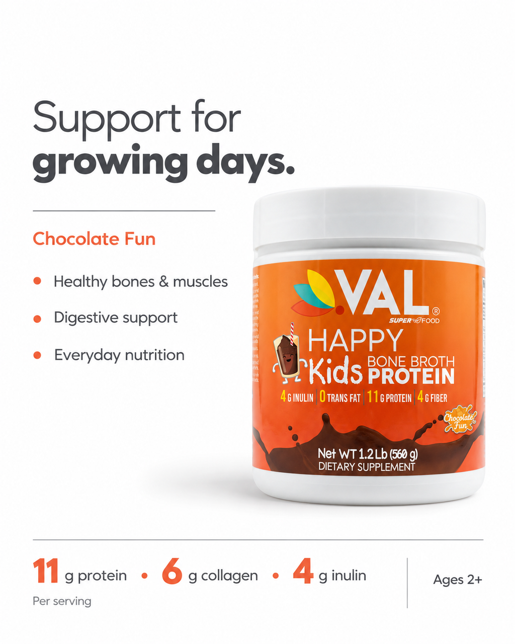 Chocolate Bone Broth Protein Powder for Kids – 11g Protein, 6g Collagen | Growth, Bones & Gut Support