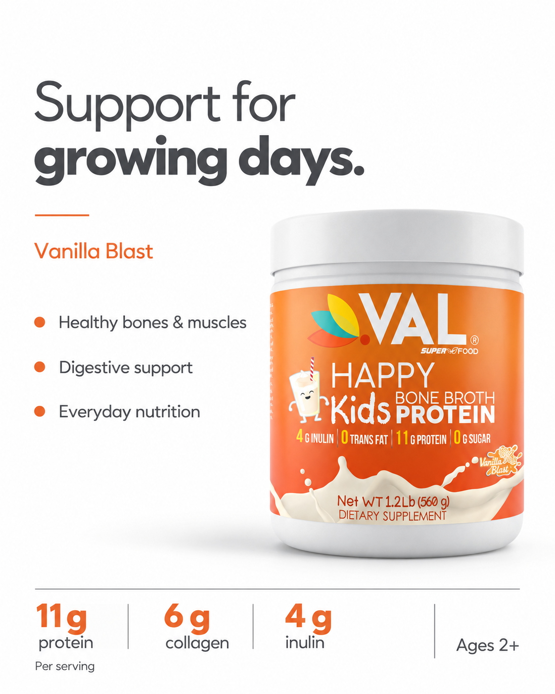 Strong Bones, Gut & Immune Support Bone Broth Protein Powder for Kids – 11g Protein, 6g Collagen | Natural Vanilla Flavour