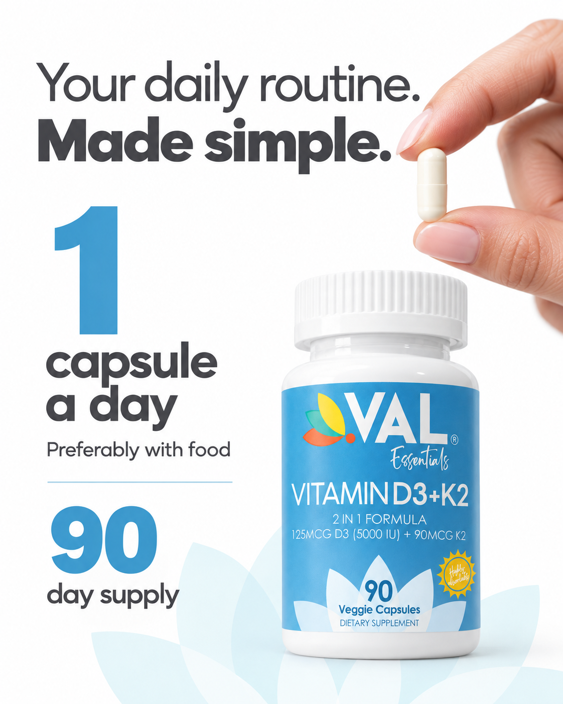 Vitamin D3 + K2 – Immune, Bone & Cardiovascular Support | 90 Capsules