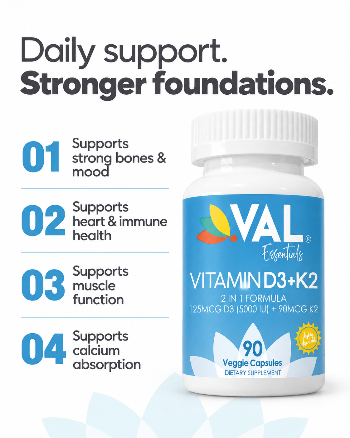 Vitamin D3 + K2 – Immune, Bone & Cardiovascular Support | 90 Capsules