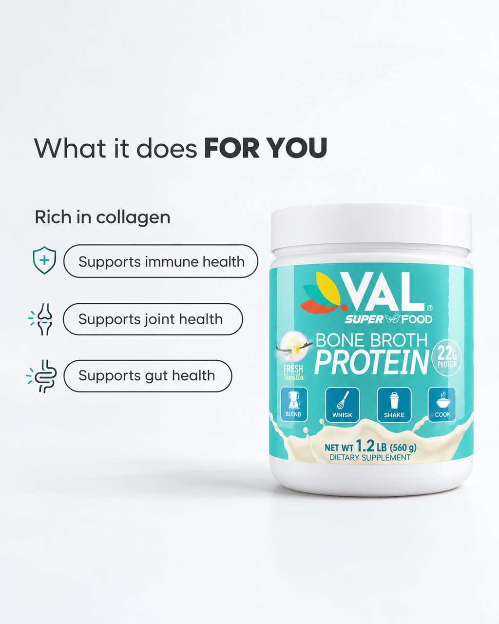 Bone Broth Protein Powder – 22g Protein + 12g Collagen with MCT & Pea Protein – Chicken Broth Blend | 16 Servings