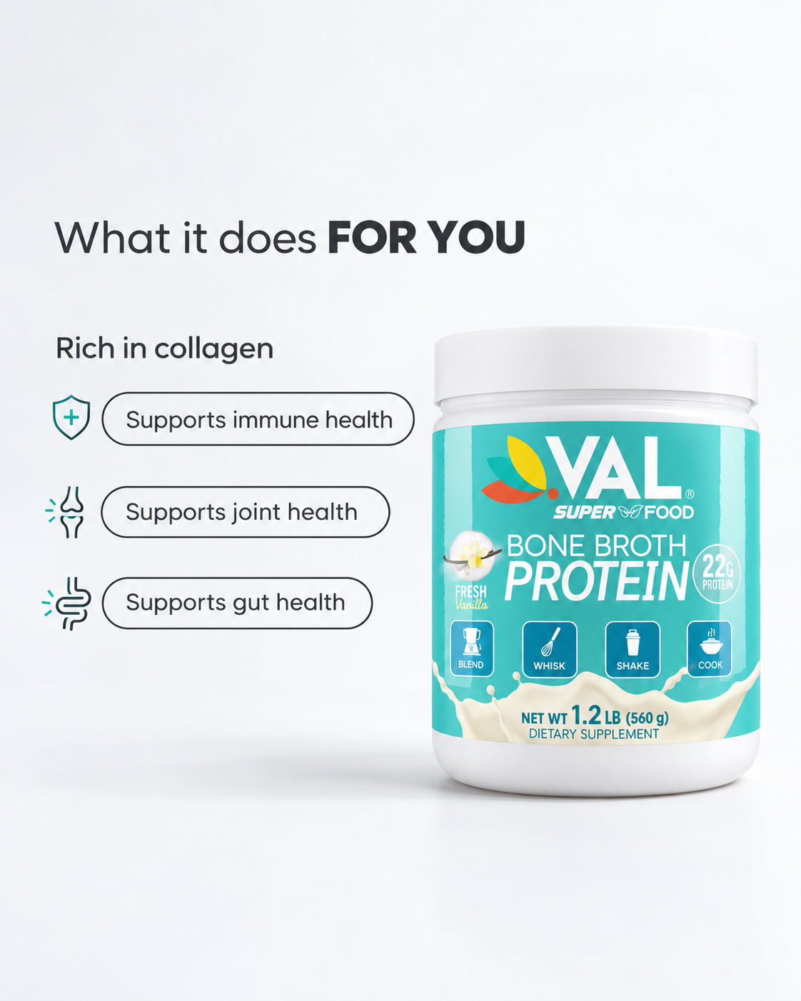 Bone Broth Protein Powder – 22g Protein + 12g Collagen with MCT & Pea Protein – Chicken Broth Blend | 16 Servings