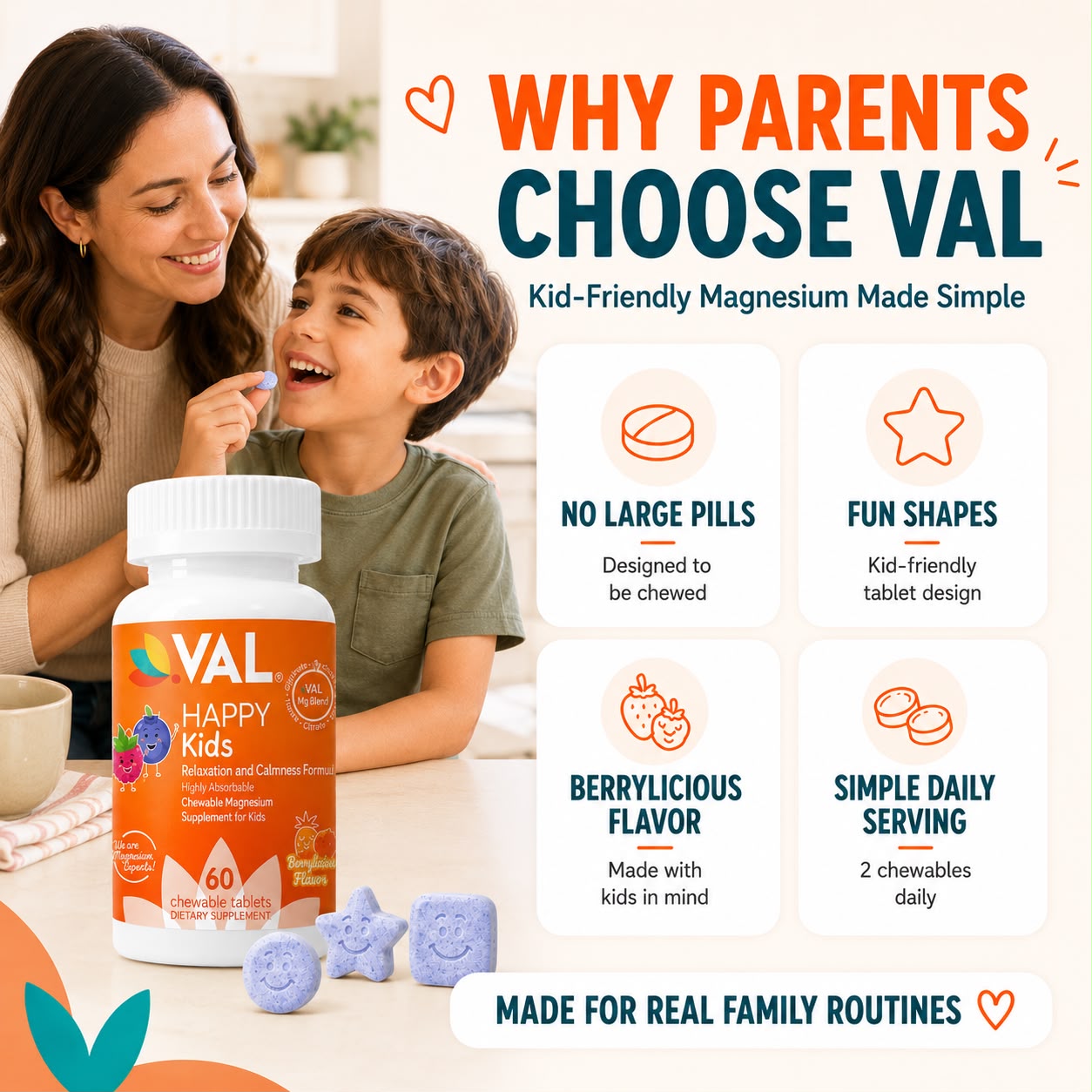 Calm, Focus & Relaxation Sugar-Free Chewable Magnesium for Kids | 60 Tablets | VAL Happy Kids | Berrylicious