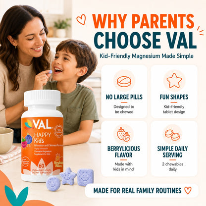 Calm, Focus & Relaxation Sugar-Free Chewable Magnesium for Kids | 60 Tablets | VAL Happy Kids | Berrylicious