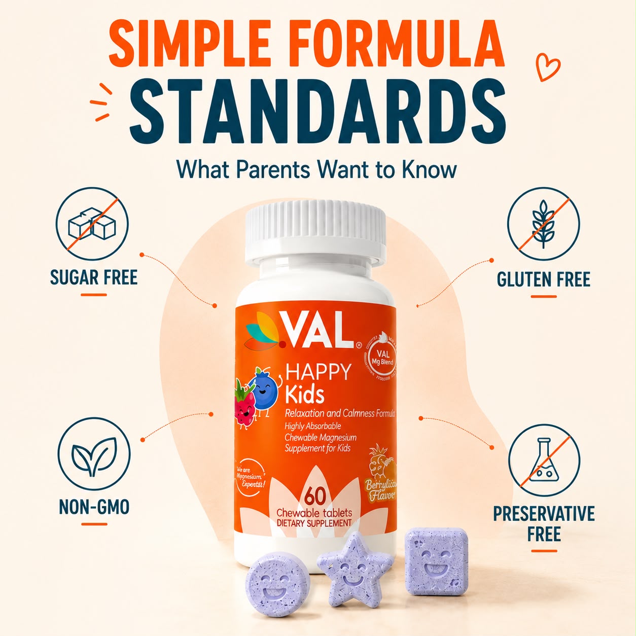 Calm, Focus & Relaxation Sugar-Free Chewable Magnesium for Kids | 60 Tablets | VAL Happy Kids | Berrylicious