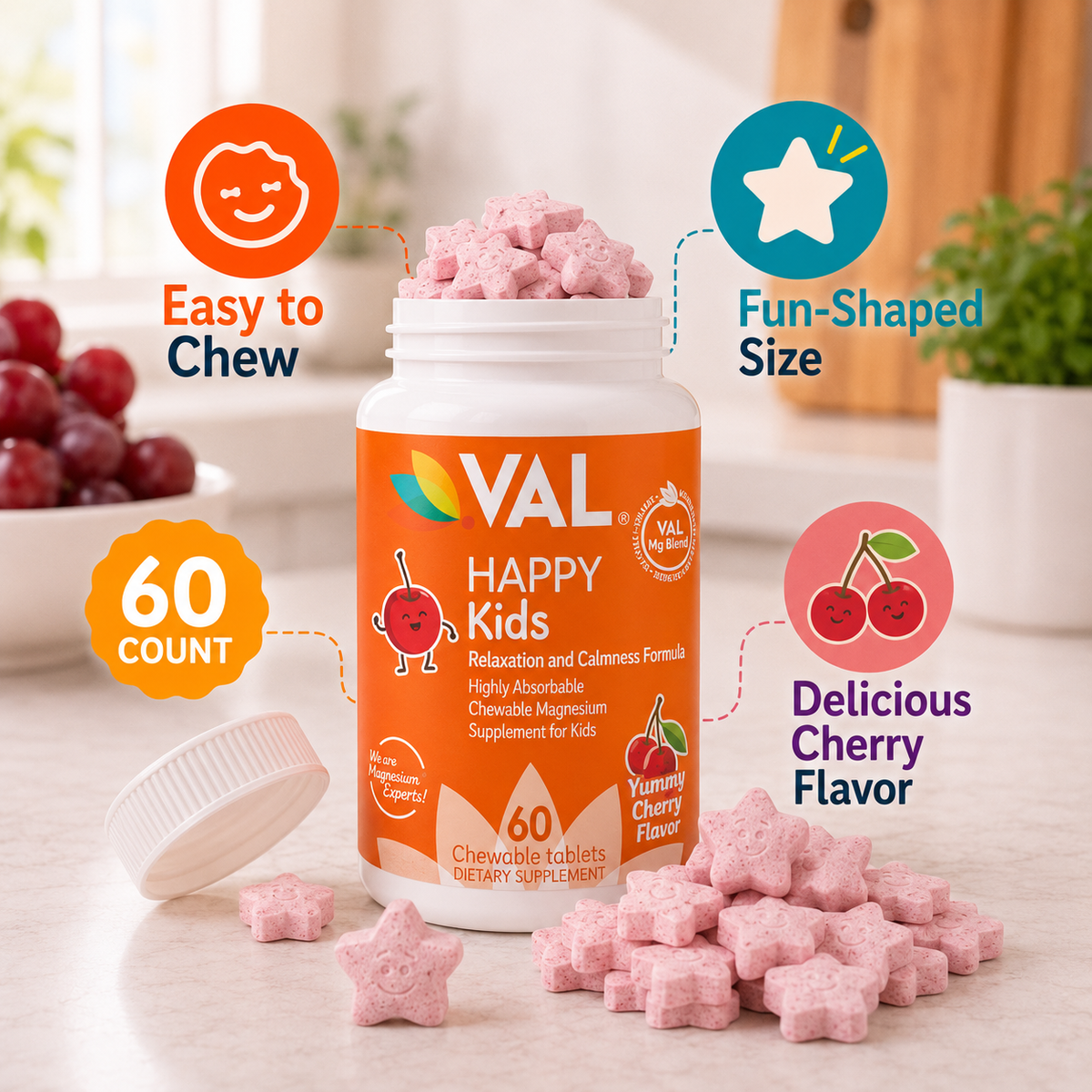 Calm, Focus & Relaxation Sugar-Free Chewable Magnesium for Kids | 60 Tablets | VAL Happy Kids | Yummy Cherry