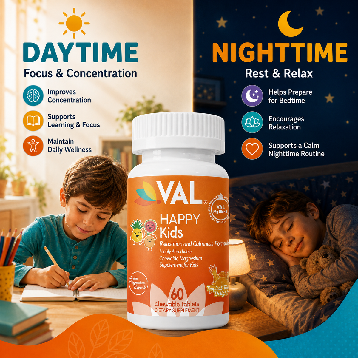Calm, Focus & Relaxation Sugar-Free Chewable Magnesium for Kids | 60 Tablets | VAL Happy Kids | Tropical Twist