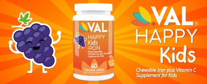 VAL Happy Kids Iron Supplement for Kids, Sugar Free, Fantastic Grape Flavor, Fun-Shaped - 60 Chewable Tablets