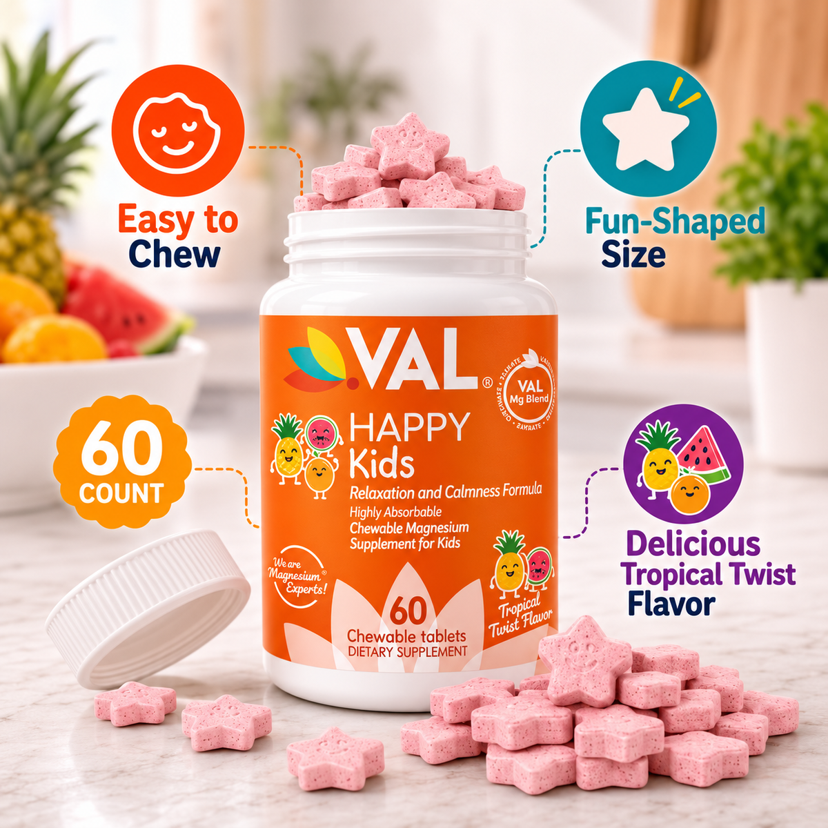 Calm, Focus & Relaxation Sugar-Free Chewable Magnesium for Kids | 60 Tablets | VAL Happy Kids | Tropical Twist