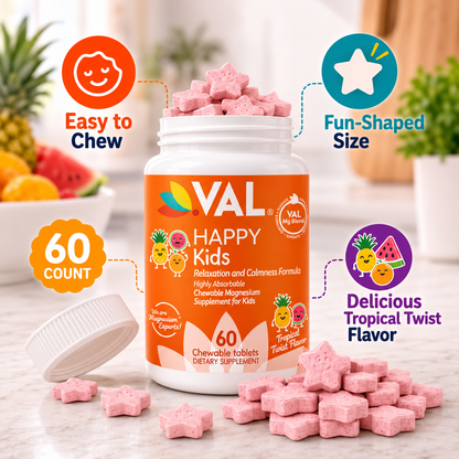 Calm, Focus & Relaxation Sugar-Free Chewable Magnesium for Kids | 60 Tablets | VAL Happy Kids | Tropical Twist