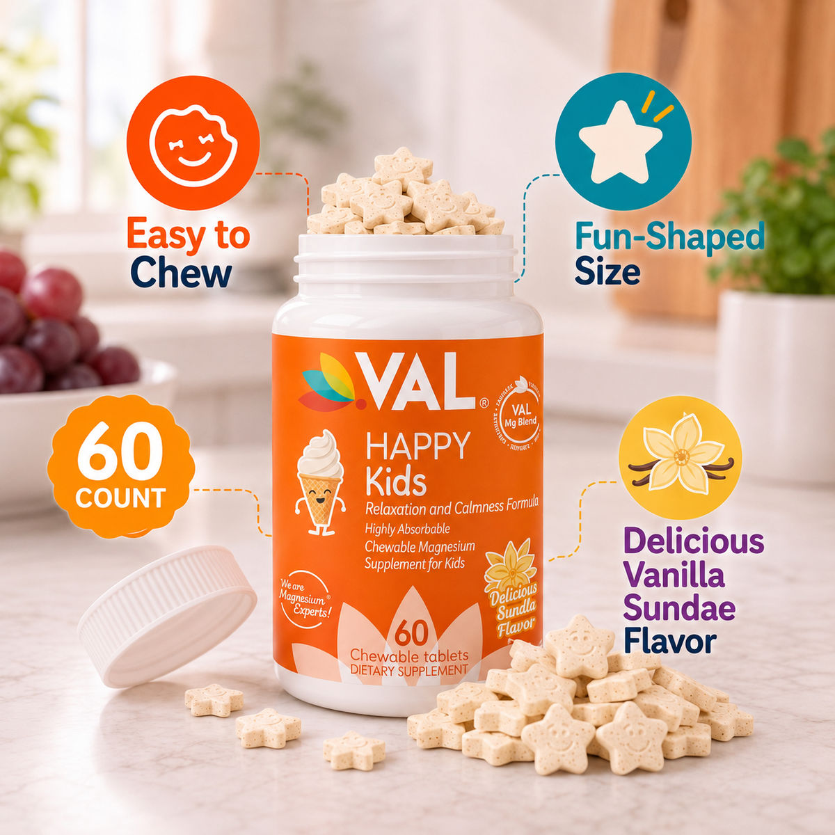 Calm, Focus & Relaxation Sugar-Free Chewable Magnesium for Kids | 60 Tablets | VAL Happy Kids | Vanilla