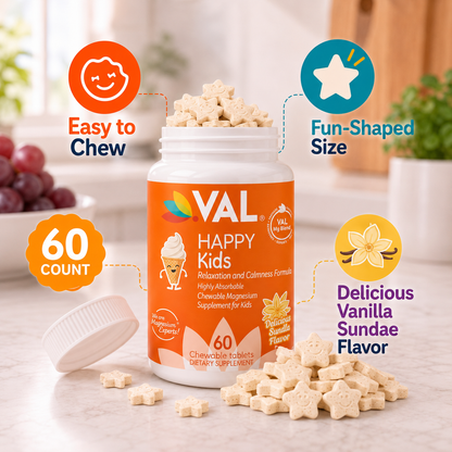 Calm, Focus & Relaxation Sugar-Free Chewable Magnesium for Kids | 60 Tablets | VAL Happy Kids | Vanilla