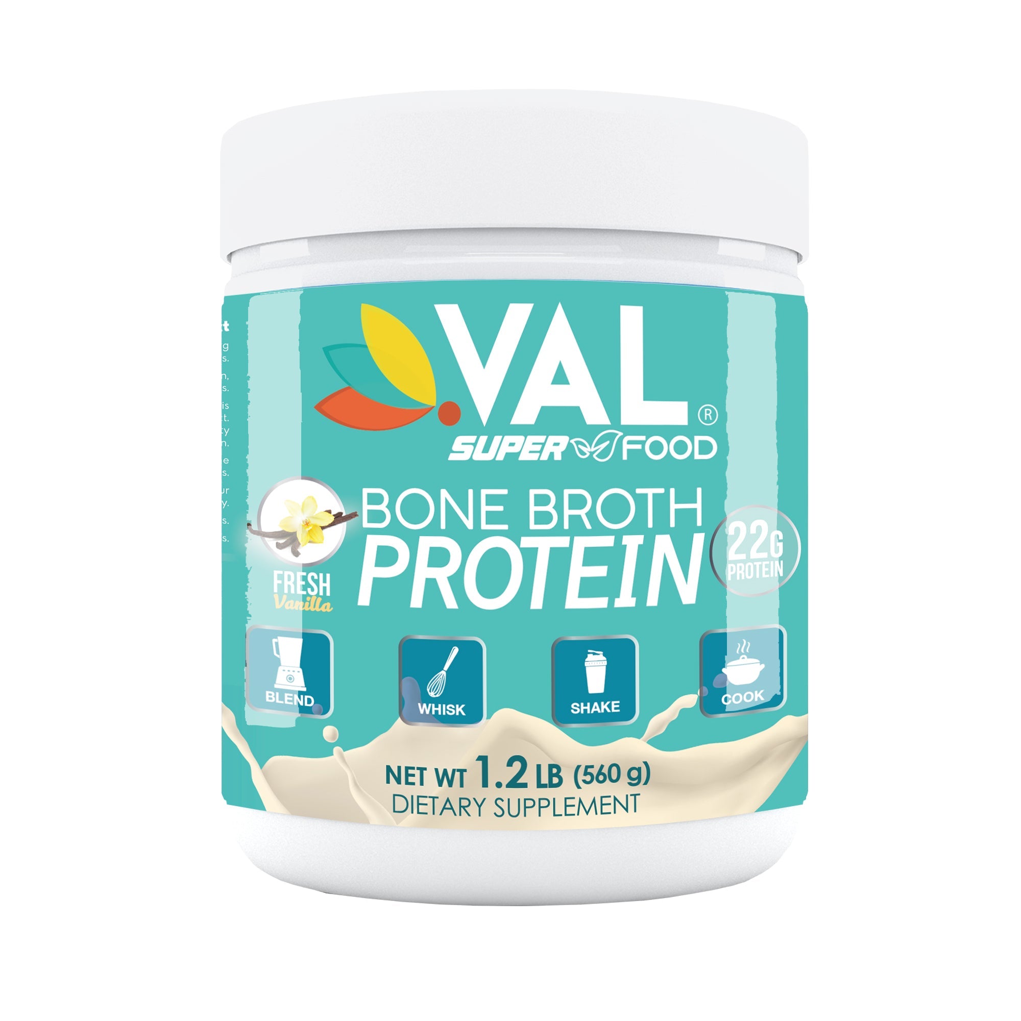 VAL Bone Broth Powder Protein and Collagen Powerhouse: 22g of high-quality protein and 12g of collagen per serving. Enriched with 8g of inulin, Pea Protein, and MCT Oil, Supports Healthy Skin, Gut Health, Joint Supplement, 16 servings - Val Supplements